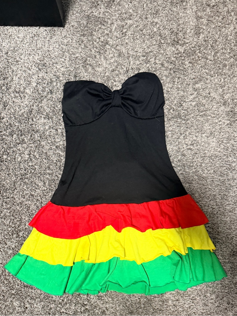 Black Strapless Ruffle Dress with Red, Yellow & Green Tiers